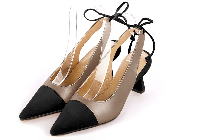 Matt black and tan beige women's slingback shoes. Pointed toe. Medium spool heels - Florence KOOIJMAN